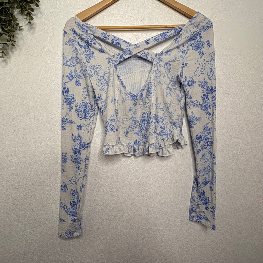 Altar'd State Blue Floral Toile Ribbed Crop Top Open Back Ruffle Small - Picture 7 of 7